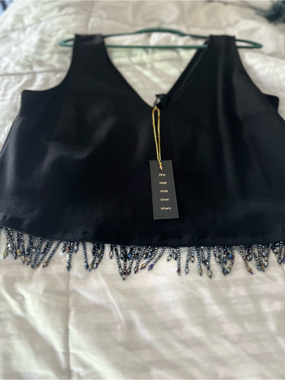 W5 Black Beaded Fringe V-Neck Crop Tank
